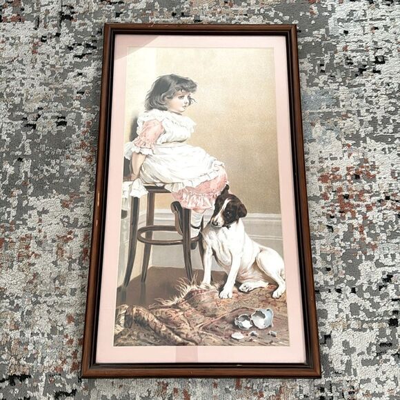 Victorian Lithograph Print Picture frame"Faithful Friend" Girl And Puppy Dog - Picture 2 of 8